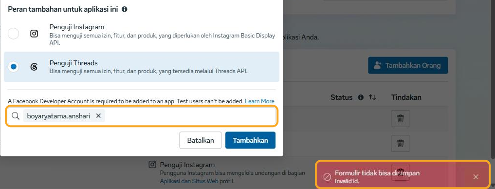 Kolom berisi nama Instagram (disorot) dan kotak merah di pojok kanan bawah: "Formulir tidak bisa disimpan" / "Invalid id." (disorot).