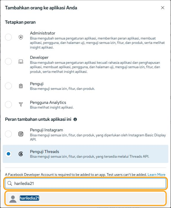 Nama pengguna Threads yang benar diketik, dan saran akun Threads muncul di bawah kolom (disorot).