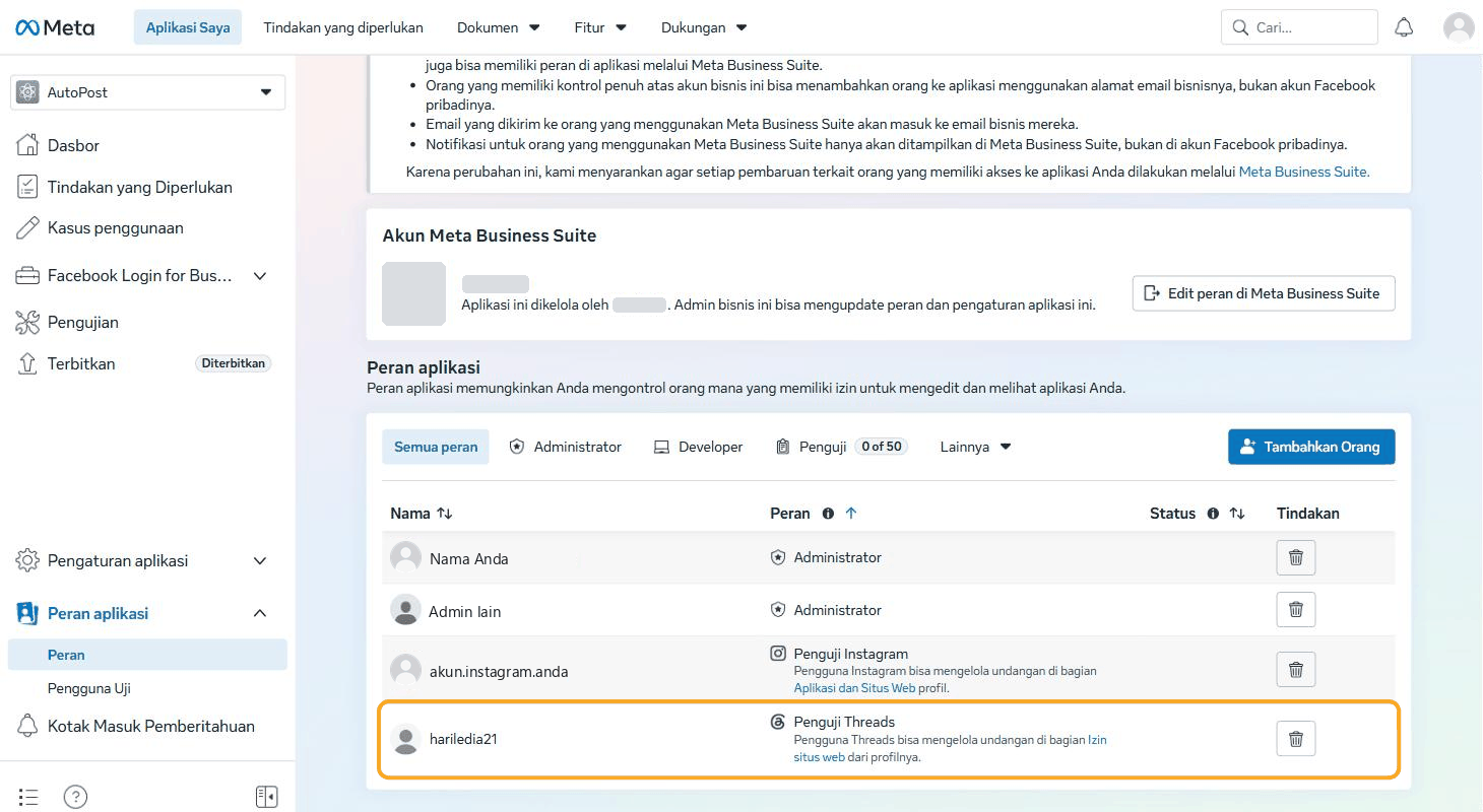 Daftar Peran aplikasi sesudah undangan diterima: baris hariledia21 berperan "Penguji Threads" (keterangan "Pengguna Threads bisa mengelola undangan di bagian Izin situs web dari profilnya.") disorot, dengan kolom Status kosong.