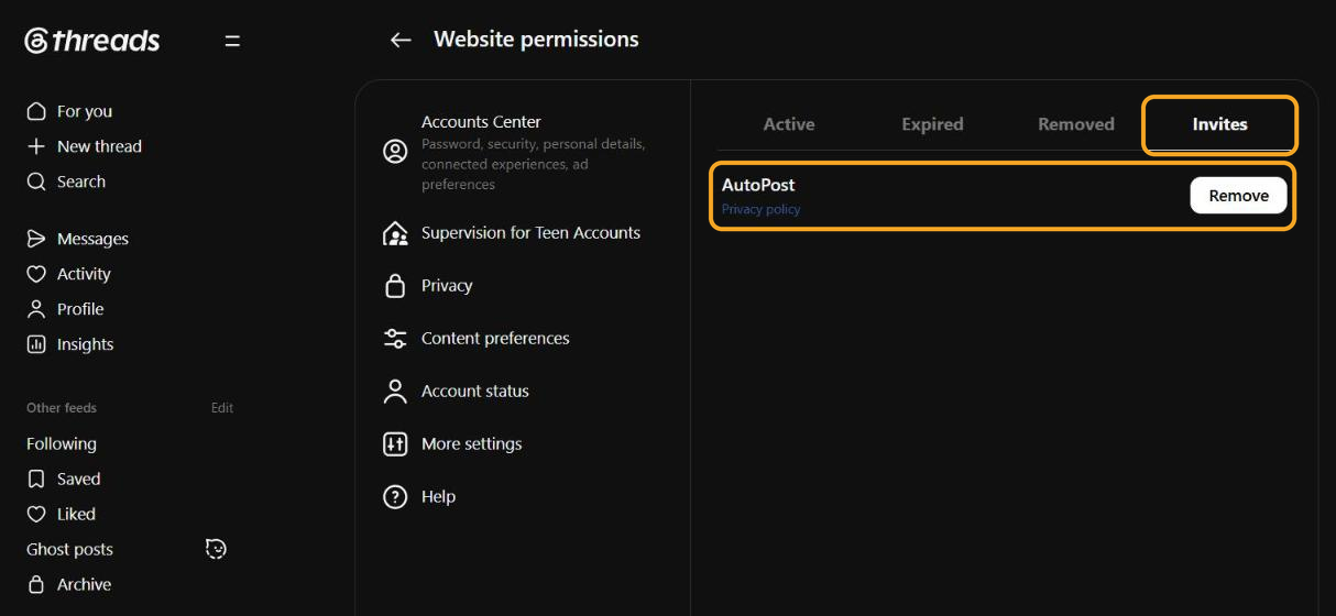 Threads web (berbahasa Inggris) → Website permissions sesudah undangan diterima: tab "Invites" dan baris "AutoPost" beserta tombol Remove disorot; tab Active, Expired, dan Removed tampil di sebelahnya.