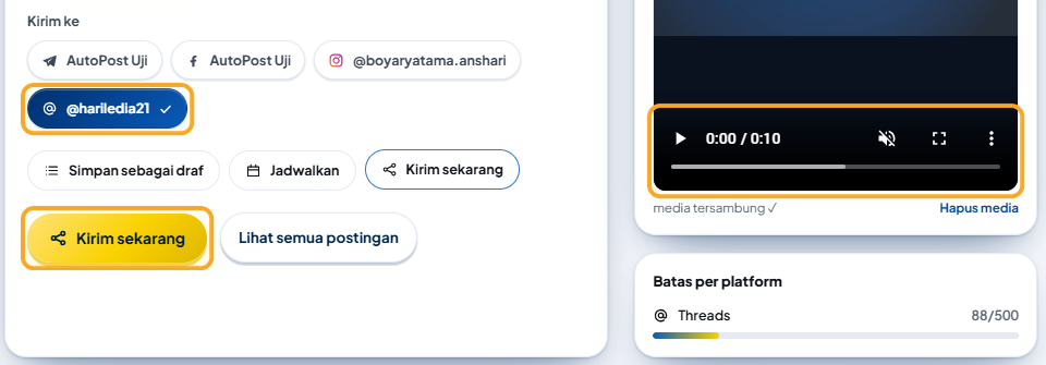 Postingan baru dengan video MP4: pemutar pratinjau berdurasi 0:10, tombol akun @hariledia21 yang terpilih di Kirim ke, dan tombol emas Kirim sekarang disorot; baris Threads 88/500.