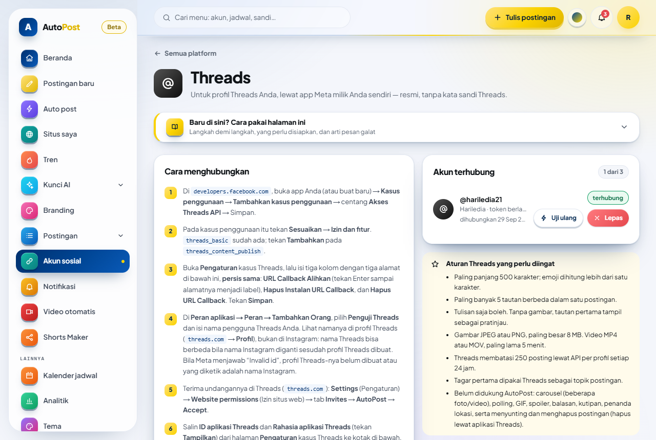 Gambaran umum halaman Threads di AutoPost (rinciannya dibahas di langkah berikut): kepala halaman, kotak "Baru di sini? Cara pakai halaman ini", kartu "Cara menghubungkan" dengan langkah bernomor, serta kartu "Akun terhubung" dan "Aturan Threads yang perlu diingat" di kanan.