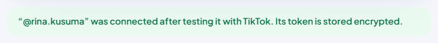Green banner on AutoPost's TikTok page after returning from TikTok: "“@rina.kusuma” was connected after testing it with TikTok. Its token is stored encrypted."