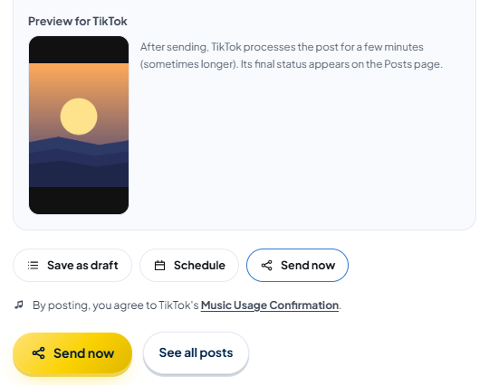 Bottom of New post: the photo preview for TikTok with the note "After sending, TikTok processes the post for a few minutes (sometimes longer). Its final status appears on the Posts page.", the options Save as draft / Schedule / Send now (Send now selected), and the sentence "By posting, you agree to TikTok's Music Usage Confirmation." right above the gold Send now button.