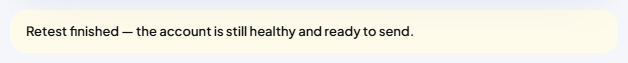 Light yellow banner on AutoPost's TikTok page after pressing Retest: "Retest finished — the account is still healthy and ready to send."