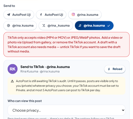 The Send to section with the TikTok account @rina.kusuma ticked and a red box right below it: "TikTok only accepts video (MP4 or MOV) or JPEG/WebP photos. Add a video or photo via Upload from gallery, or remove the TikTok account. A draft with a TikTok account also needs media — untick TikTok if you want to save the draft without media."; below that, the TikTok panel.