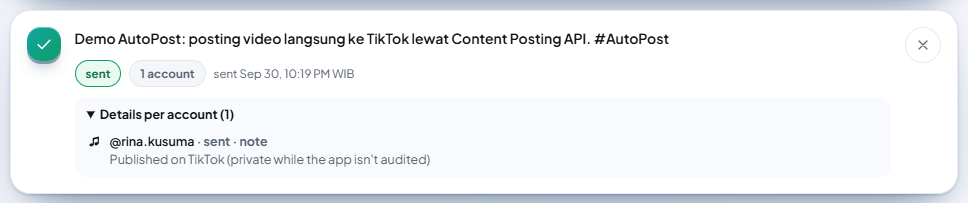 The same TikTok post card with the "Details per account (1)" fold open — "@rina.kusuma · sent · note" and below it "Published on TikTok (private while the app isn't audited)".