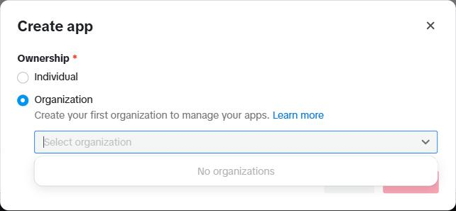 Daftar "Select organization" terbuka dan hanya berisi "No organizations".