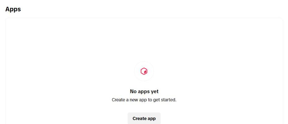 Bagian "Apps" di halaman organisasi yang baru dibuat: "No apps yet — Create a new app to get started." dengan tombol "Create app".