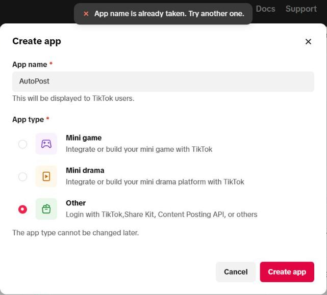 Jendela "Create app" yang sama dengan pesan merah di atas: "App name is already taken. Try another one."