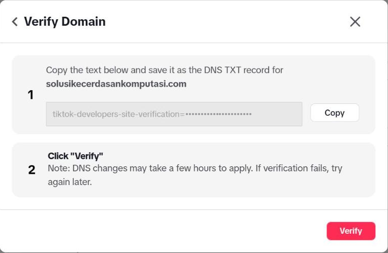 Jendela "Verify Domain": langkah 1 "Copy the text below and save it as the DNS TXT record for solusikecerdasankomputasi.com" dengan kolom berisi nilai verifikasi (disamarkan) dan tombol Copy; langkah 2 "Click "Verify"" dengan catatan "DNS changes may take a few hours to apply. If verification fails, try again later."; tombol merah Verify.