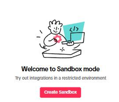 Tab Sandbox yang masih kosong: gambar ilustrasi, "Welcome to Sandbox mode — Try out integrations in a restricted environment", dan tombol merah "Create Sandbox".