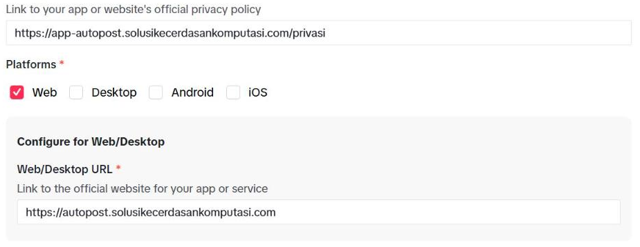 App details sandbox: Privacy Policy URL …/privasi, Platforms dengan Web tercentang (Desktop, Android, iOS tidak), dan "Configure for Web/Desktop" dengan Web/Desktop URL https://autopost.solusikecerdasankomputasi.com.