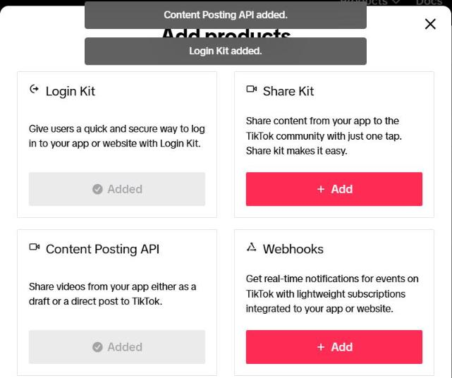 Jendela "Add products" sesudah menambah: pemberitahuan "Content Posting API added." dan "Login Kit added."; kartu Login Kit dan Content Posting API bertanda "Added", Share Kit dan Webhooks masih "+ Add".