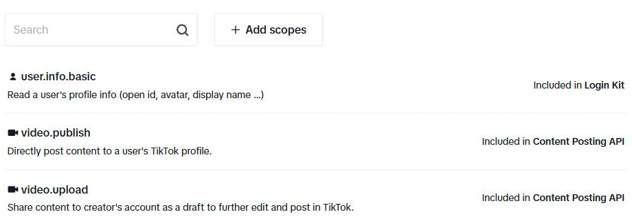Bagian Scopes sandbox: kolom Search dan tombol "+ Add scopes"; tiga baris — user.info.basic ("Included in Login Kit"), video.publish dan video.upload ("Included in Content Posting API") — dengan keterangan masing-masing.