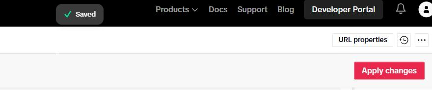 Bilah atas halaman sandbox sesudah Apply changes: pemberitahuan "Saved" bertanda centang hijau, tombol URL properties, dan tombol merah Apply changes.