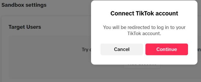 Jendela "Connect TikTok account": "You will be redirected to log in to your TikTok account." dengan tombol Cancel dan Continue.