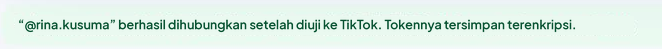 Pita hijau di halaman TikTok AutoPost sesudah kembali dari TikTok: "“@rina.kusuma” berhasil dihubungkan setelah diuji ke TikTok. Tokennya tersimpan terenkripsi."