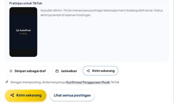 Bagian bawah Postingan baru: pratinjau foto untuk TikTok dengan catatan "Sesudah dikirim, TikTok memproses postingan beberapa menit (kadang lebih lama). Status akhirnya tampil di halaman Postingan.", pilihan Simpan sebagai draf / Jadwalkan / Kirim sekarang (Kirim sekarang terpilih), kalimat "Dengan memposting, Anda menyetujui Konfirmasi Penggunaan Musik TikTok." tepat di atas tombol emas Kirim sekarang.