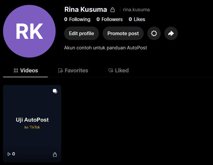 Profil TikTok contoh "Rina Kusuma" di tiktok.com sesudah kiriman pertama: satu postingan foto "Uji AutoPost ke TikTok" berikon foto di pojok kanan atas dan ikon gembok di pojok kanan bawah.