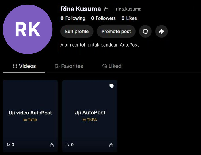 Profil TikTok contoh "Rina Kusuma" (nama berikon gembok, @rina.kusuma) di tiktok.com, tab Videos: dua postingan dari AutoPost — video "Uji video AutoPost ke TikTok" dan foto "Uji AutoPost ke TikTok" (berikon foto di pojok kanan atas) — masing-masing berikon gembok di pojok kanan bawah dan 0 tayangan.