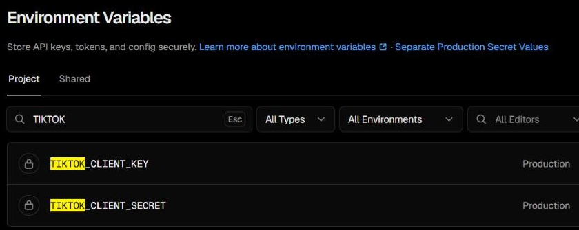 Halaman Environment Variables di Vercel, disaring "TIKTOK": dua baris berikon gembok — TIKTOK_CLIENT_KEY dan TIKTOK_CLIENT_SECRET — keduanya untuk lingkungan Production, tanpa nilai yang terlihat.
