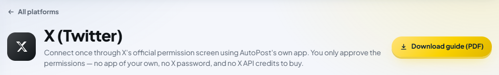 Header of the X (Twitter) page in AutoPost: the "← All platforms" link, the black X tile, the title "X (Twitter)", and the description "Connect once through X's official permission screen using AutoPost's own app. You only approve the permissions — no app of your own, no X password, and no X API credits to buy.", with the gold "Download guide (PDF)" button on the right.