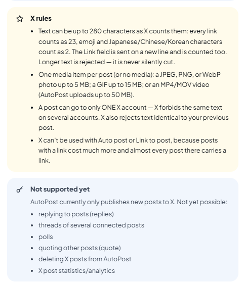The lower part of the How to connect card on the X page: the yellow "X rules" box with four items (280 characters as X counts them; one media item per post; a post can go to only ONE X account; X can't be used with Auto post or Link to post) and the blue "Not supported yet" box (replying to posts, threads, polls, quoting other posts, deleting X posts from AutoPost, X post statistics/analytics).