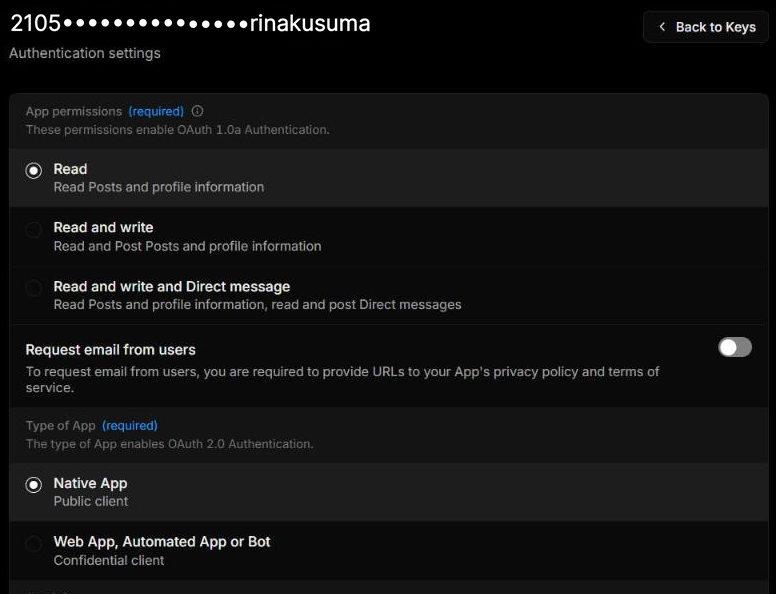 Bagian atas "Authentication settings" dalam keadaan AWAL: "App permissions (required)" dengan pilihan Read (terpilih), Read and write, dan Read and write and Direct message; sakelar "Request email from users" mati; "Type of App (required)" dengan Native App — Public client (terpilih) dan Web App, Automated App or Bot — Confidential client; tombol "Back to Keys" di kanan atas.
