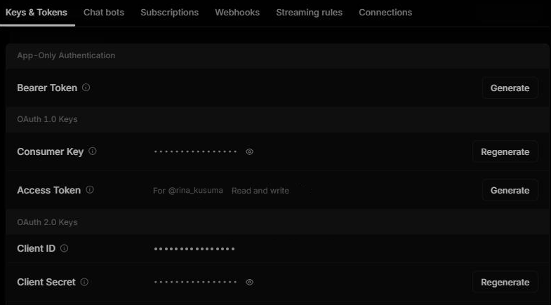 Halaman app di X Developer Console, tab "Keys & Tokens": label active, "Project Access — Default Project (Pay Per Use)", bagian App-Only Authentication (Bearer Token, tombol Generate), OAuth 1.0 Keys (Consumer Key tersembunyi, Access Token "For @rina_kusuma · Read and write"), dan OAuth 2.0 Keys (Client ID disamarkan, Client Secret tersembunyi dengan tombol Regenerate).
