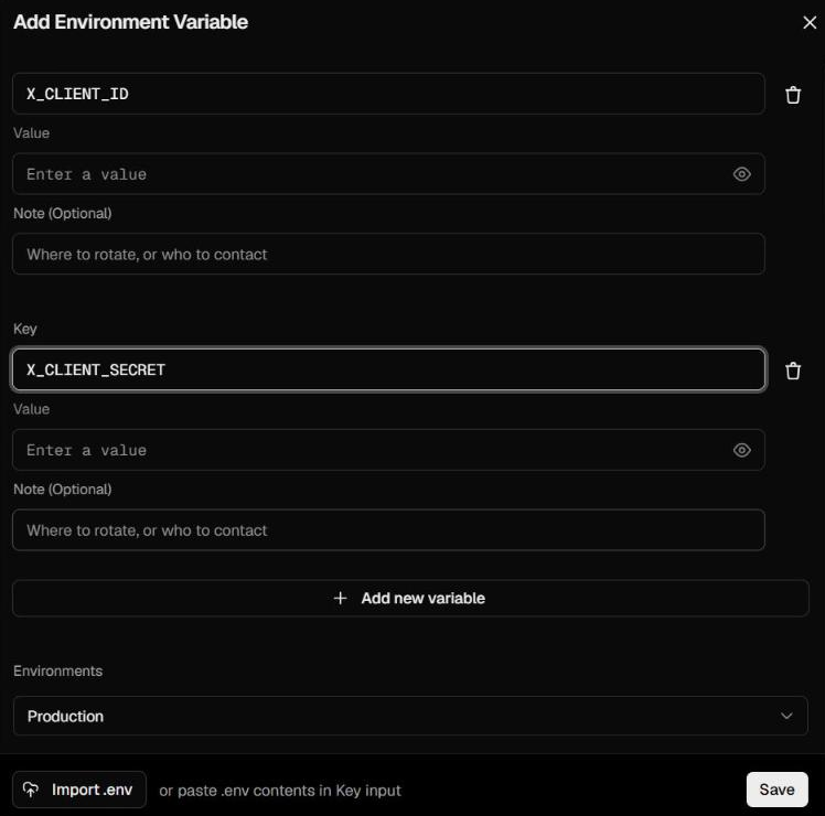 Jendela "Add Environment Variable" di Vercel (proyek autopost-web): dua baris Key "X_CLIENT_ID" dan "X_CLIENT_SECRET" dengan kolom Value masih kosong ("Enter a value"), kolom Note (Optional), tombol "+ Add new variable", Environments "Production", dan tombol Save; di belakangnya daftar variabel lain tanpa nilai.