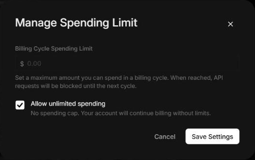 Jendela "Manage Spending Limit" di X Developer Console: kolom "Billing Cycle Spending Limit" ($ 0.00), keterangan "Set a maximum amount you can spend in a billing cycle. When reached, API requests will be blocked until the next cycle.", centang "Allow unlimited spending — No spending cap. Your account will continue billing without limits." (masih tercentang, keadaan sebelum diubah), serta tombol Cancel dan Save Settings.