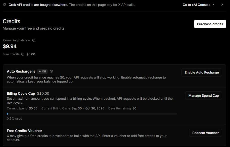 Halaman "Credits" di X Developer Console keadaan akhir: Remaining balance $9.94, Free credits $0.00, "Auto Recharge is Off" dengan tombol "Enable Auto Recharge", "Billing Cycle Cap $10.00" dengan "Current Spend $0.06 · Current Billing Cycle Sep 30 - Oct 30, 2026 · Days Remaining 30" dan bilah "0.6% used", tombol "Manage Spend Cap", serta "Free Credits Voucher".