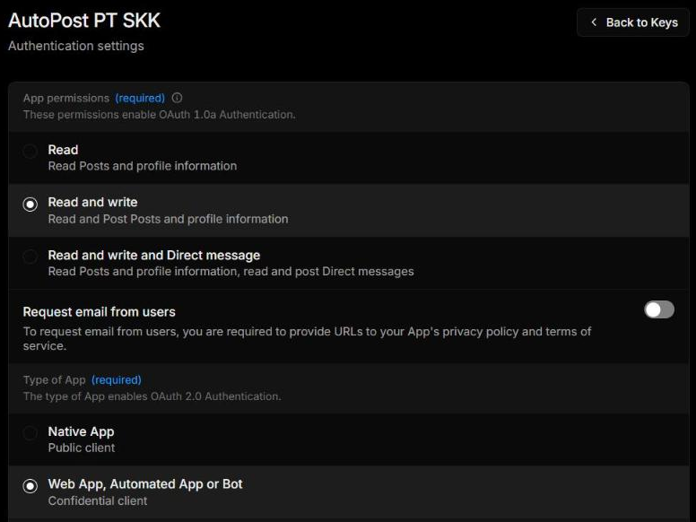 "Authentication settings" app AutoPost PT SKK sesudah diubah: App permissions "Read and write — Read and Post Posts and profile information" terpilih, "Request email from users" mati, dan Type of App "Web App, Automated App or Bot — Confidential client" terpilih.