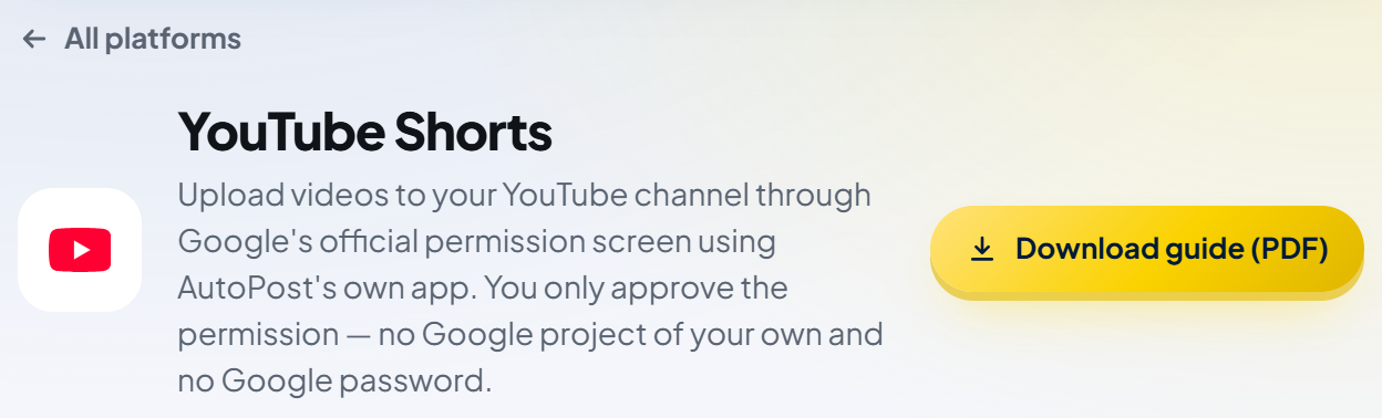 Header of the YouTube Shorts page in AutoPost: the "← All platforms" link, a white tile with the YouTube icon, the title "YouTube Shorts", the gold "Download guide (PDF)" button, and the description "Upload videos to your YouTube channel through Google's official permission screen using AutoPost's own app. You only approve the permission — no Google project of your own and no Google password."