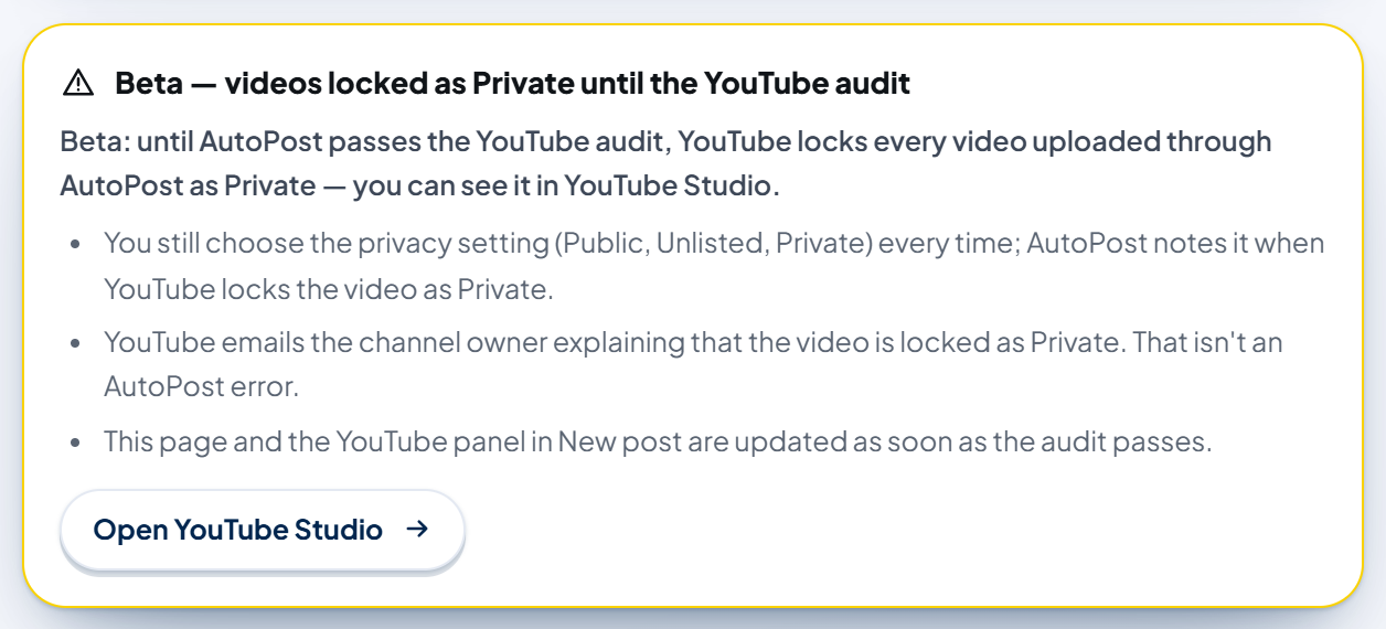 The yellow box "Beta — videos locked as Private until the YouTube audit" on the YouTube Shorts page: the bold sentence that until AutoPost passes the YouTube audit, YouTube locks every video uploaded through AutoPost as Private and you can see it in YouTube Studio; three points (you still choose the visibility every time and AutoPost notes it when YouTube locks the video; YouTube emails the channel owner explaining the lock, which isn't an AutoPost error; this page and the YouTube panel are updated as soon as the audit passes); and the "Open YouTube Studio →" button.