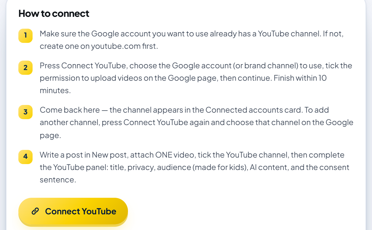 The "How to connect" card on the YouTube Shorts page: four numbered steps (make sure the Google account has a channel; press Connect YouTube, choose the Google account or brand channel, tick the permission to upload videos, finish within 10 minutes; come back here and add another channel with Connect YouTube again; write a post in New post with ONE video and complete the YouTube panel), and the gold "Connect YouTube" button.
