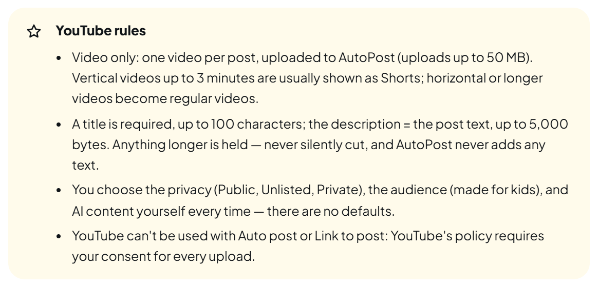 The yellow "YouTube rules" box with four points (video only, one video per post, uploads up to 50 MB, vertical videos up to 3 minutes are usually Shorts; title required ≤ 100 characters, description = post text ≤ 5,000 bytes, never cut and nothing added; visibility, made for kids, and AI content chosen by you with no defaults; YouTube can't be used with Auto post or Link to post).
