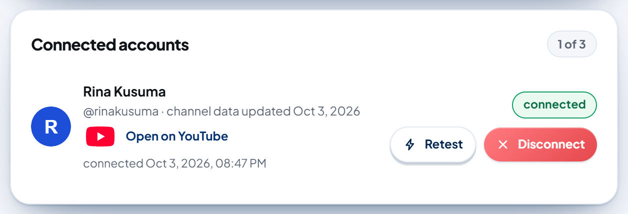 The "Connected accounts" card (1 of 3): the example channel "Rina Kusuma" with its channel photo (replaced by an R circle), the line "@rinakusuma · channel data updated Oct 3, 2026", the YouTube icon with the "Open on YouTube" link, the connection date, the green "connected" label, and the "Retest" and red "Disconnect" buttons.