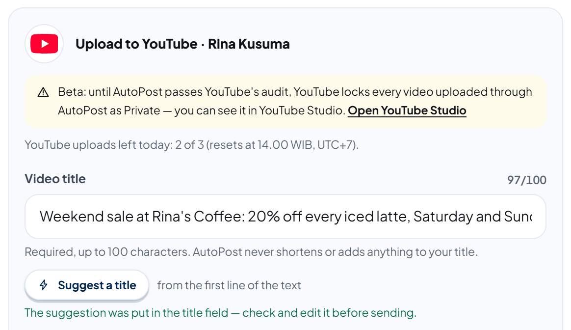 Top of the panel "Upload to YouTube · Rina Kusuma": the yellow beta banner with the "Open YouTube Studio" link, "YouTube uploads left today: 2 of 3 (resets at 14.00 WIB, UTC+7).", Video title 97/100 filled with "Weekend sale at Rina's Coffee: 20% off every iced latte, Saturday and Sun…", the note "Required, up to 100 characters. AutoPost never shortens or adds anything to your title.", the "Suggest a title" button with "from the first line of the text", and the green message "The suggestion was put in the title field — check and edit it before sending."