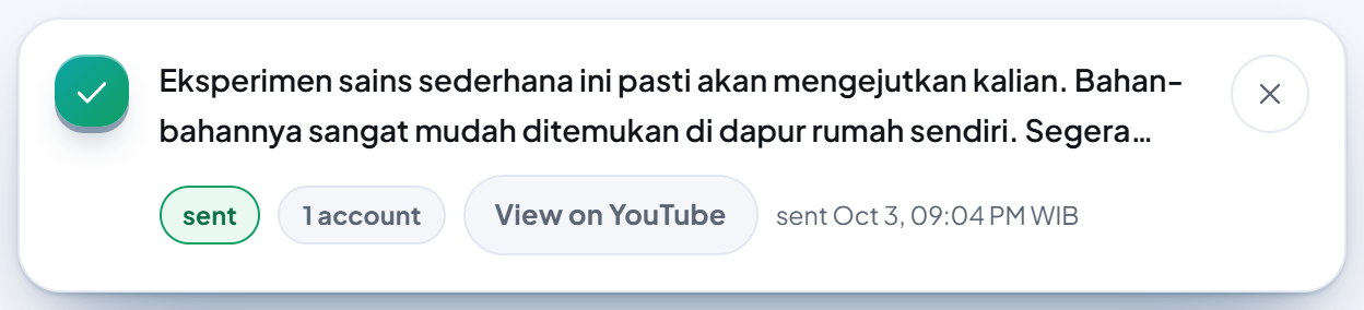 A card on the Posts page: a green check, the post text in Indonesian, the green "sent" label, "1 account", the "View on YouTube" button, and "sent Oct 3, 09:04 PM WIB".