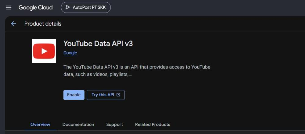 Halaman "Product details" YouTube Data API v3 (Google) di project AutoPost PT SKK: deskripsi API dan tombol biru "Enable" serta "Try this API".