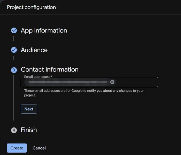 Langkah 3 "Contact Information": kolom "Email addresses" berisi satu surel (disamarkan) dan keterangan "These email addresses are for Google to notify you about any changes to your project."; App Information dan Audience sudah bercentang.