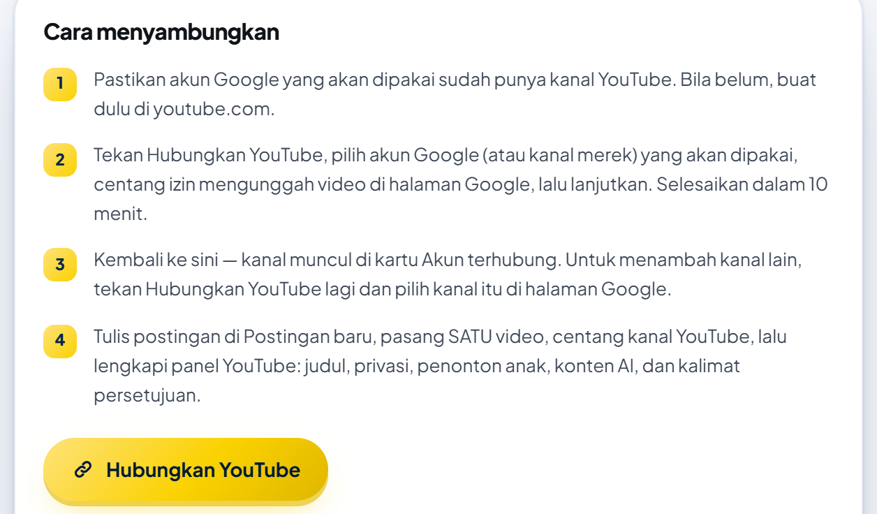 Kartu "Cara menyambungkan" di halaman YouTube Shorts: empat langkah bernomor (pastikan akun Google punya kanal; tekan Hubungkan YouTube, pilih akun Google atau kanal merek, centang izin mengunggah video, selesaikan dalam 10 menit; kembali ke sini dan tambah kanal lain dengan Hubungkan YouTube lagi; tulis postingan di Postingan baru dengan SATU video dan lengkapi panel YouTube), dan tombol emas "Hubungkan YouTube".