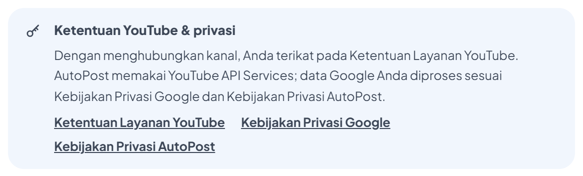 Kotak biru "Ketentuan YouTube & privasi" di halaman YouTube Shorts: "Dengan menghubungkan kanal, Anda terikat pada Ketentuan Layanan YouTube. AutoPost memakai YouTube API Services; data Google Anda diproses sesuai Kebijakan Privasi Google dan Kebijakan Privasi AutoPost." dengan tiga tautan.