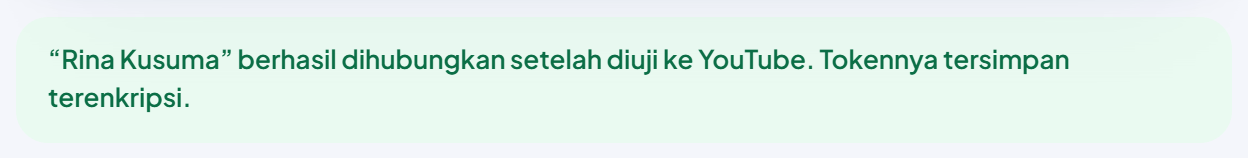 Pita hijau di halaman YouTube Shorts dengan nama kanal contoh Rina Kusuma: berhasil dihubungkan setelah diuji ke YouTube, tokennya tersimpan terenkripsi.