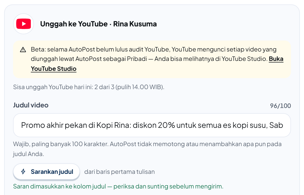 Bagian atas panel "Unggah ke YouTube · Rina Kusuma": spanduk kuning beta "Beta: selama AutoPost belum lulus audit YouTube, YouTube mengunci setiap video yang diunggah lewat AutoPost sebagai Pribadi — Anda bisa melihatnya di YouTube Studio. Buka YouTube Studio", "Sisa unggah YouTube hari ini: 2 dari 3 (pulih 14.00 WIB).", Judul video 96/100 berisi "Promo akhir pekan di Kopi Rina: diskon 20% untuk semua es kopi susu, Sab…", keterangan "Wajib, paling banyak 100 karakter. AutoPost tidak memotong atau menambahkan apa pun pada judul Anda.", tombol "Sarankan judul" dengan "dari baris pertama tulisan", dan pesan hijau "Saran dimasukkan ke kolom judul — periksa dan sunting sebelum mengirim."